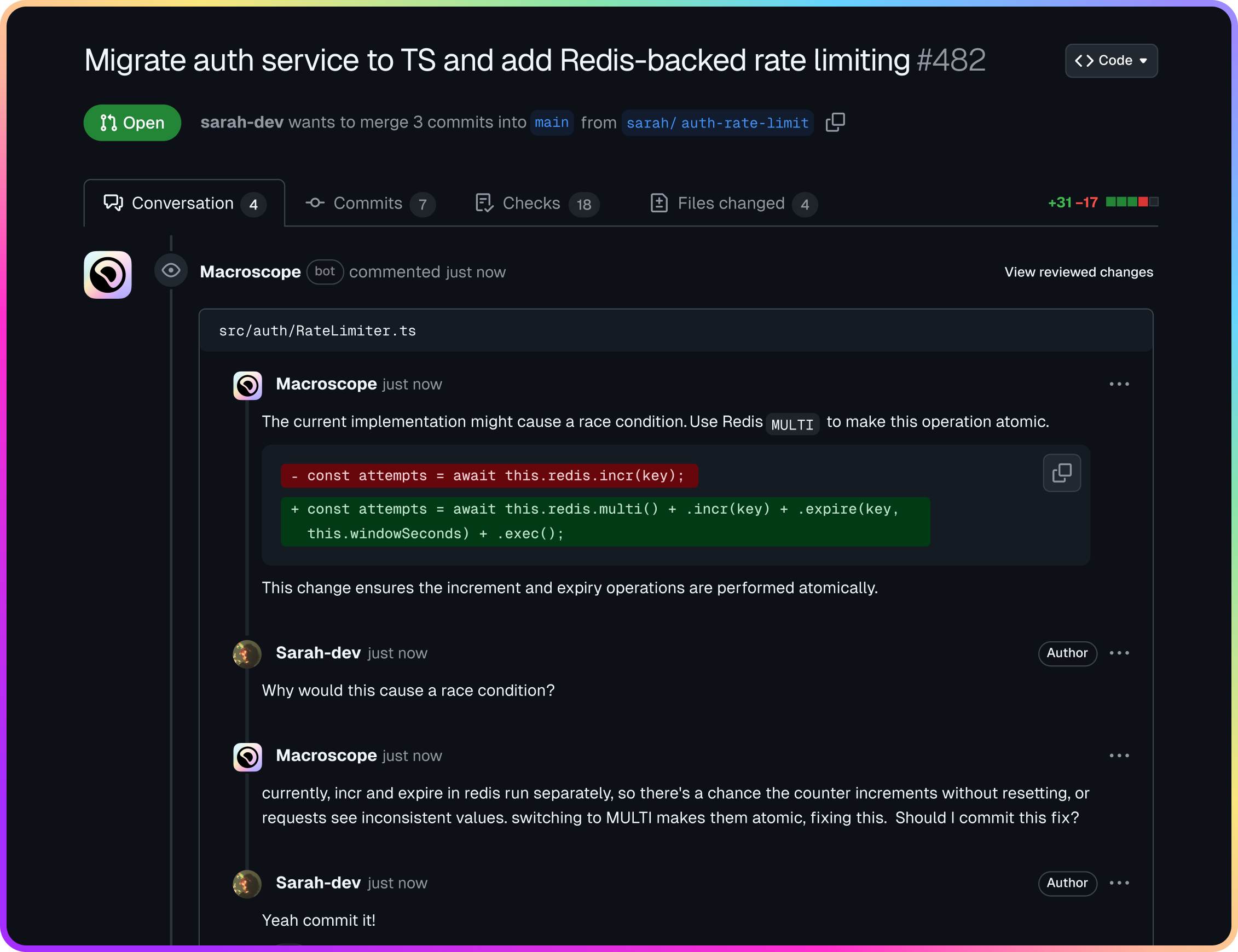 Macroscope Code Review UI overview